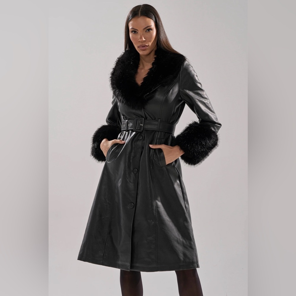 AKIRA Black Faux Leather Coat with Fur Trim NWT size 2x  *SOLDOUT*